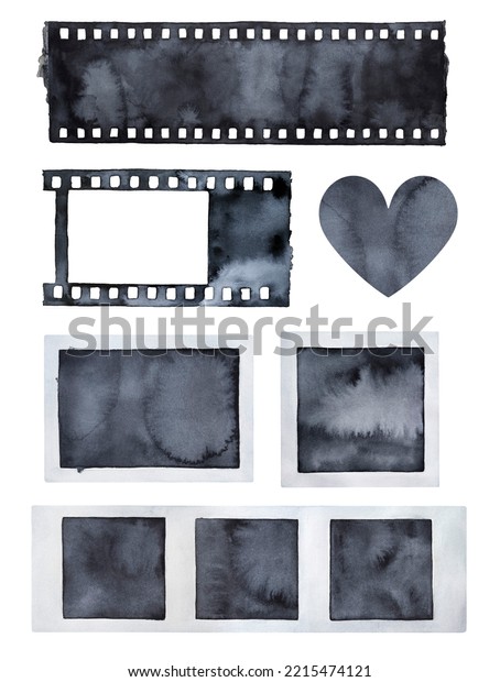 Watercolour illustration set of various cinema\
filmstrip rolls and photo negatives with creative brush stroke.\
Hand painted water color graphic drawing on white, isolated clipart\
elements for\
design.