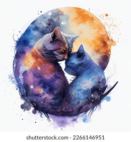 Watercolour illustration showing 2 cats facing   cuddling each other