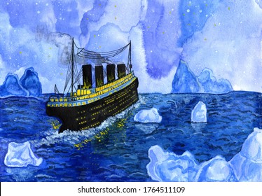 watercolour illustration of the Titanic Ship with 4 pipes and porthole Windows in a blue ocean with icebergs