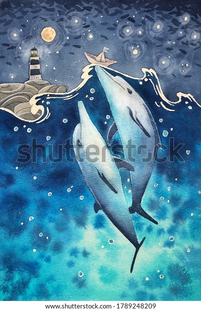 Watercolour illustration of two dolphins, paper boat and\
lighthouse 