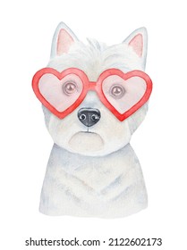 Watercolour illustration of White West Highland Terrier puppy wearing stylish heart shaped sunglasses. Cut out clip art element for design decoration, greeting card, sticker, print, party invitation.