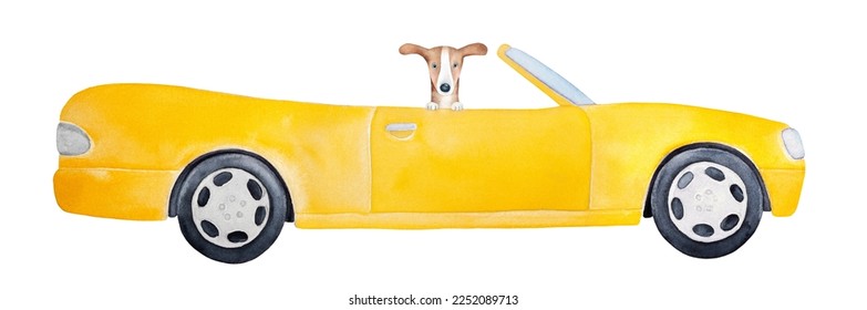 Watercolour illustration yellow cabriolet car and little dog sitting inside  Hand painted water color graphic drawing white background  isolated clip art element for design  card  banner 