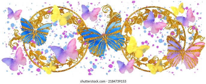 Watercolour illustrations with butterflies and splash background. Golden texture. Holiday, wedding, birthday, Christmas pattern.