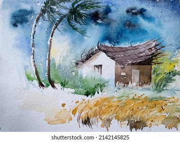 Watercolour image of a strom in an Indian village. Stong wind on trees and a house. Dark clouds above depicting Indian monsoon.