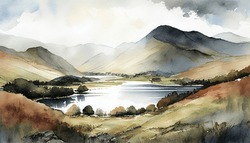 A Watercolour Landscape Of Scenery In The Lake District Countryside In England