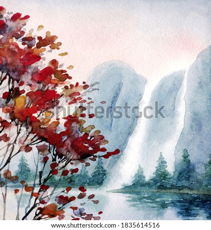 Watercolour paint cloudy haze rocky sea bay scene paper backdrop text space. Hand drawn dark red color mist sky canyon valley cascade creek. Outdoor wild bush plant country view sketch graphic artwork