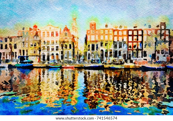 Watercolour Painting Amsterdam Water Canals Netherlands Stock ...