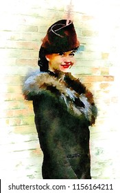 Watercolour Painting Of Attractive Woman In 1940s Fashion. Portrait Showing Outdoor Fashion Of The Era, Fur Collar Coat And Hat. Brick Wall And White Background.