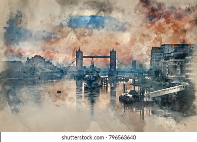 Watercolour Painting Of Beautiful Autumn Fall  Dawn Sunrise Over River Thames And Tower Bridge In London