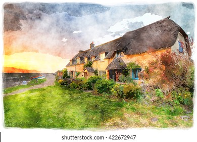 Watercolour painting of beautiful cottages at sunset on Porlock Weir in Somerset