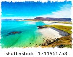 A watercolour painting of a beautiful sandy beach and clear turquoise sea at Seilebost on the isle of Harris in the Western isles of Scotland