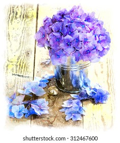 Watercolour painting of a bucket of hydrangea blossoms