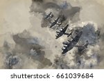 Watercolour painting of Flight formation of Battle of Britain World War Two consisting of Lancaster bombers banking right