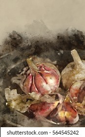 Watercolour Painting Of Fresh Garlic Cloves In Moody Natural Lighting Set Up With Vintage Style