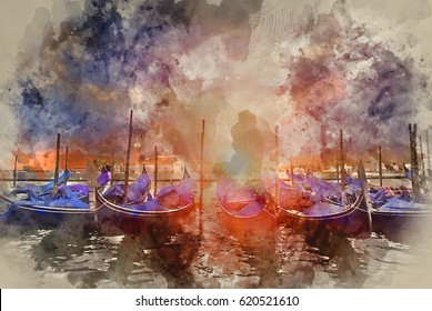 Watercolour Painting Of Gondolas At San Marco Square, Venice Italy With Sunburst