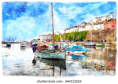 Watercolour painting of the harbour at Brixham, a pretty fishing village on the south coast of Devon