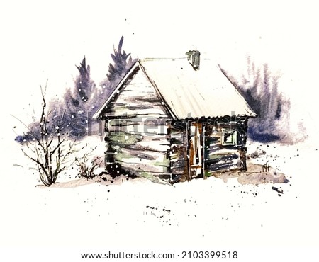 Watercolour painting house in the snow, shed snowing, paint plashes, forest, farm landscape 