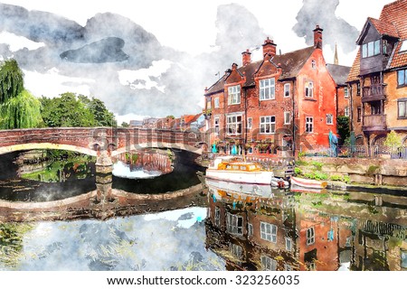 Watercolour painting of houses and boats on the river Yare at Norwich city centre in Norfolk