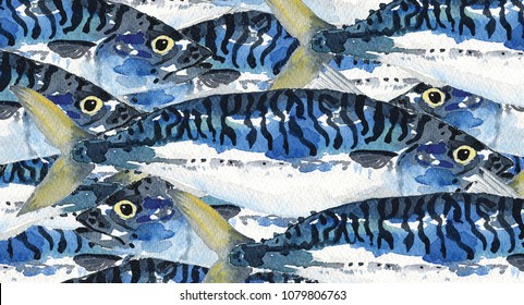Watercolour Painting illustration of a school of mackerel fish