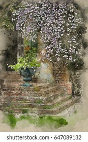 Watercolour painting of landscaped garden with flower pots and baskets and vibrant Spring flowers