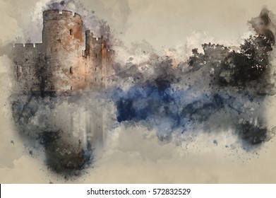 Watercolour painting of medieval castle and moat during misty sunrise