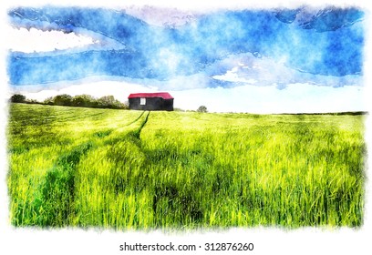 Watercolour Painting Of An Old Barn In A Field Of Lush Green Barley