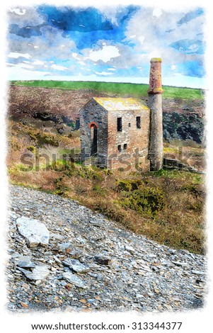 Watercolour painting of an old engine house in Cornwall