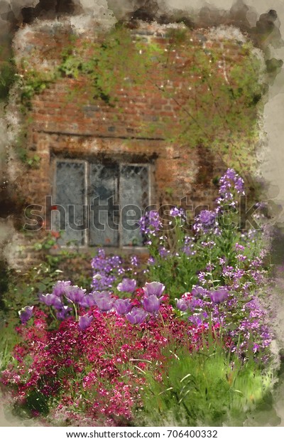 Watercolour Painting Quintessential English Country Garden Stock