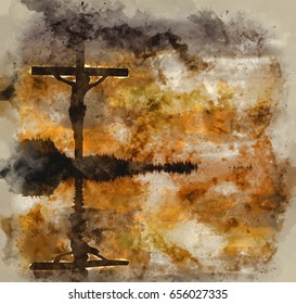 Watercolour Painting Of Silhouette Of Jesus Christ Crucifixion On Cross On Good Friday Easter Reflected In Lake Water