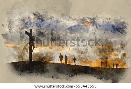 Watercolour painting of Silhouette of Jesus Christ crucifixion on cross on Good Friday Easter witth people walking up hill towards Jesus