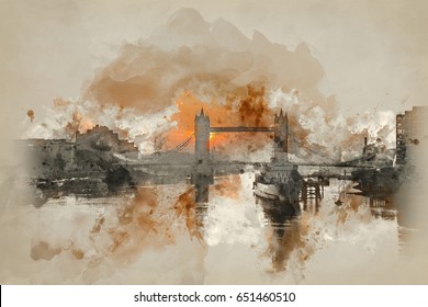 Watercolour Painting Of Stunning Autumn Fall Sunrise Over Tower Bridge And River Thames In London.