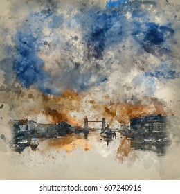 Watercolour Painting Of Stunning Autumn Sunrise Over River Thames And Tower Bridge In London