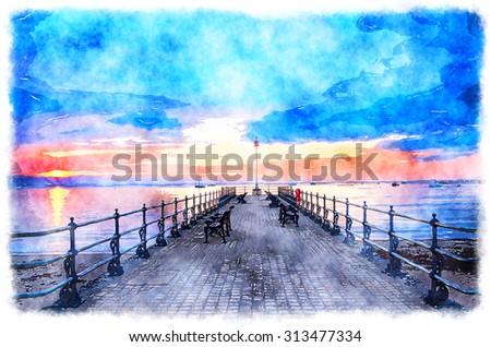 Watercolour painting of sunrise at Swanage Pier