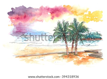 watercolour painting of sunset at the beach with coconut trees colourful illustration