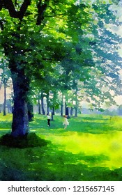 Watercolour painting of two tiny young children running through woodland in the English countryside on a summer day.