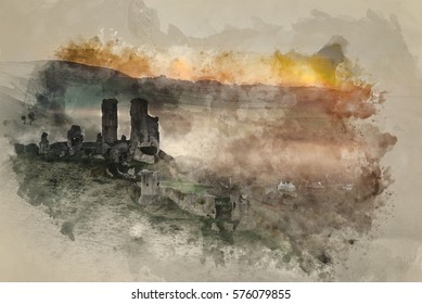 Watercolour Painting Of Vibrant Sunrise Over Medieval Castle Ruins With Fog In Rural Landscape