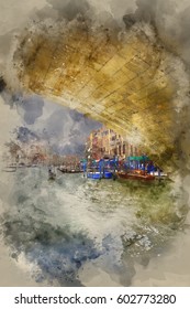 Watercolour Painting Of View From A Gondola Under Rialto Bridge Along Grand Canal In Venice Italy