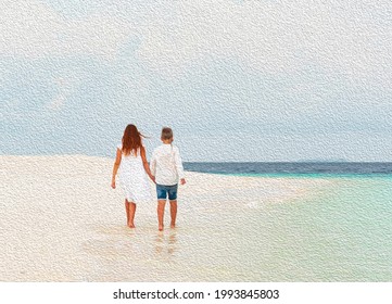 watercolour from a photo - a boy and a girl walking along the beach in the Maldives, the concept of family, love and travel - Powered by Shutterstock