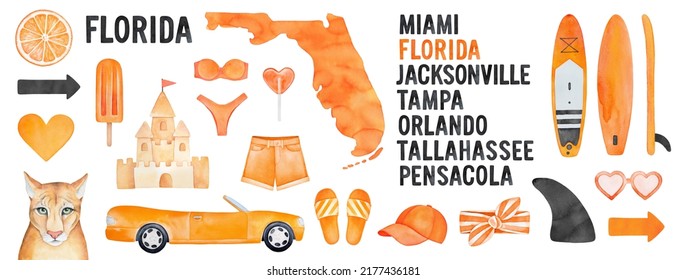 Watercolour Sketch Collection Of Various Florida State Symbols: Outline Map, Text Lettering Of Famous Cities, Sand Castle, Florida Panther, Summer Car, Paddleboard, Swimsuit, Ice Cream, Infographic.