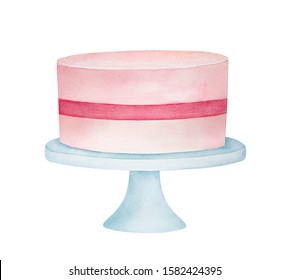 Watercolour sketch of pink festive cake on classic white stand. One single object, front view. Hand painted water color sketchy drawing, cutout clip art element for design, greeting card, invitation. - Powered by Shutterstock