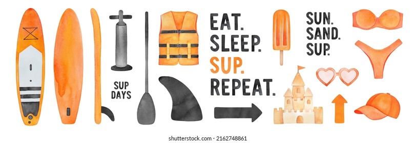 Watercolour SUP collection with Stand Up Paddle Board and various Summer fun symbols: orange popsicle on stick, sandcastle, bikini, bright cap, arrow shapes, sun glasses, water sports life jacket.