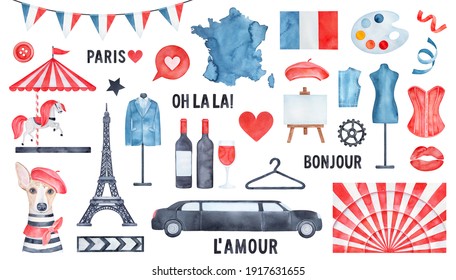Watercolour symbols of Paris with merry-go-round horse, dog, elegant men tuxedo, drawing easel, national flag, hearts, bunting decoration. French words translation: hello (bonjour), love (l'amour).