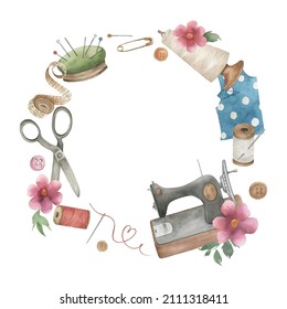 Watercolour wreath with sewing elements, machine, scissors, threads. Hand drawn watercolor  isolated illustration on white background