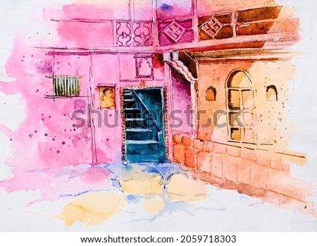 Watercolur painting of an old home with classic, vintage architecture of Rajasthan with a staircase behind the open door. Hand painted illustration of home.