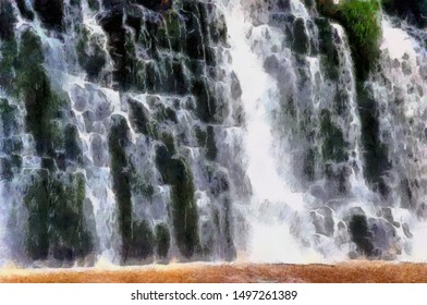 Waterfall closeup. Springtime day. Digital illustration