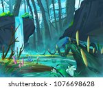 The Waterfall Forest with Fantastic, Realistic and Futuristic Style. Video Game