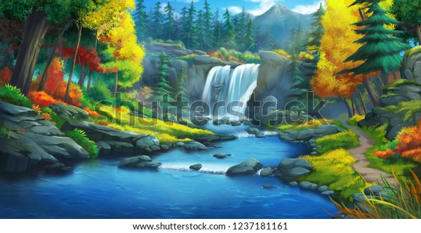 滝の森 小説の背景 コンセプトアート リアルイラスト ビデオゲームデジタルcgアートワーク 自然の風景 のイラスト素材
