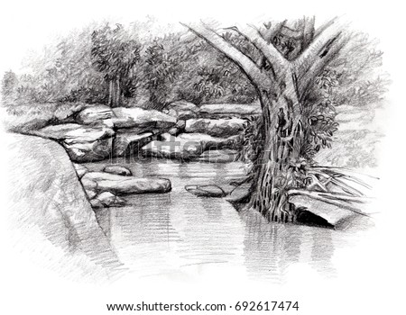 Royalty Free Stock Illustration Of Waterfall Hand Sketch Drawing By