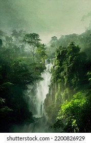 Waterfall In Jungle, Mist Ruins Illustration Art