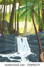 A waterfall in the middle of a tropical rain forest.